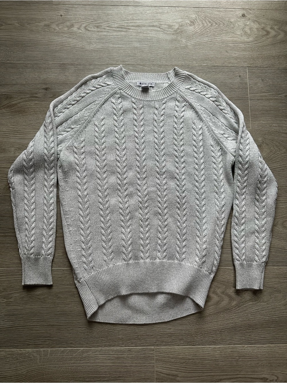 Athleta Silver Metallic Crossroads Cable Knit Merino Blend Sweater XS Soft - Picture 2 of 6